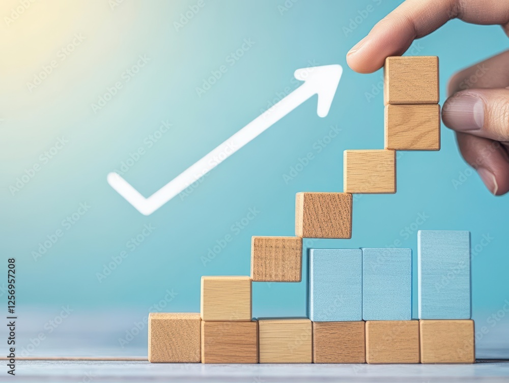 Poster Hand placing wooden block on top of another block in a stacked arrangement