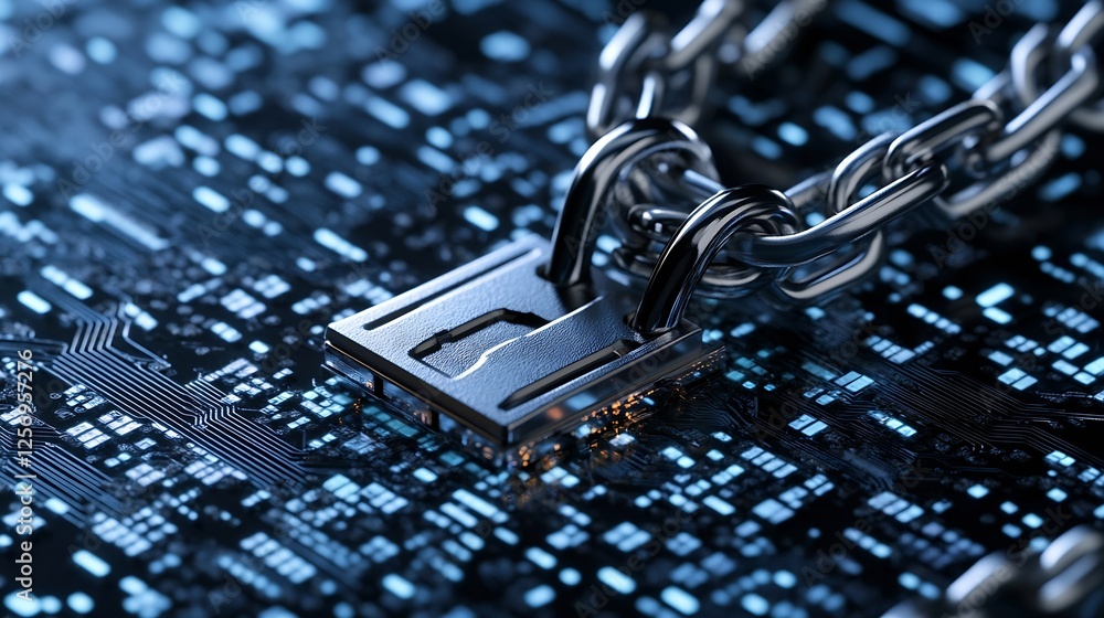 Poster Metal padlock securely fastened on a digital circuit board illustrating robust security measures : Generative AI