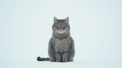 Fototapeta premium photograph of a gray cat sitting on a white background. The cat is facing the camera and is looking directly at the camera with a curious expression. Its fur is soft and fluffy