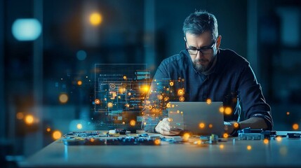 Innovative technology development modern office work environment digital interaction professional focus advancements in data processing