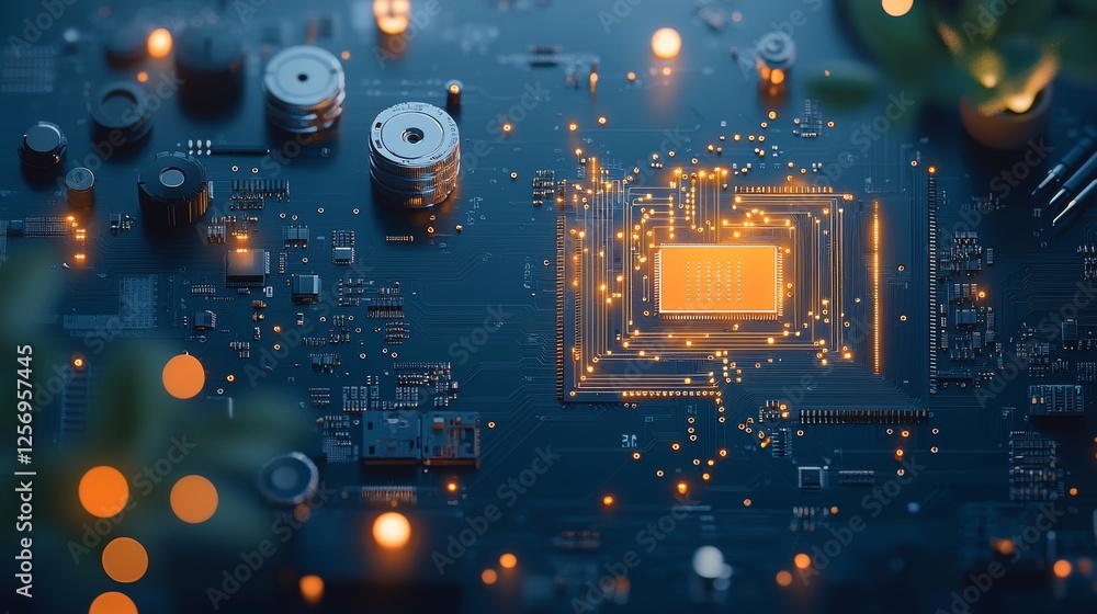 Poster innovative circuit board technology modern workshop electronics close-up high-tech environment top-d