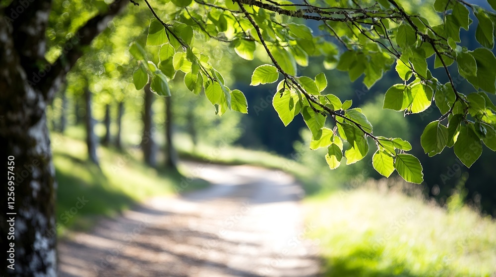 Poster Lush Green Foliage with Sunlight Filtering Through the Leaves Over a Scenic Path : Generative AI