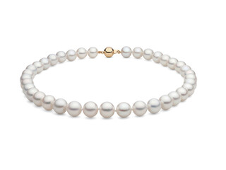 Freshwater white Pearl Necklace on white background with natural shadow high in luster 10mm with round gold ball clasp 