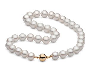 Freshwater white Pearl Necklace on white background with natural shadow high in luster 10mm with round gold ball clasp 