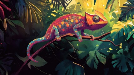 A vibrant chameleon perched on a branch in a lush, colorful jungle setting.