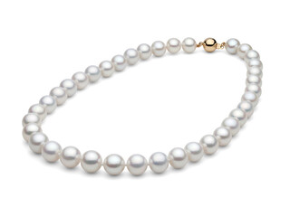 Freshwater white Pearl Necklace on white background with natural shadow high in luster 10mm with round gold ball clasp 