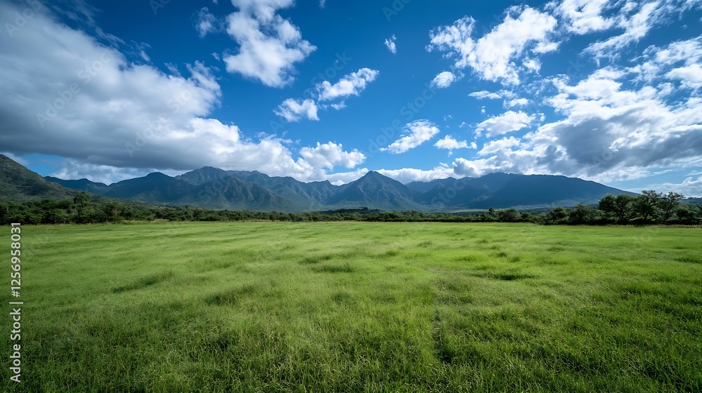 Aufkleber expansive view of green grass field underneath a bright blue sky with majestic mountains in the back