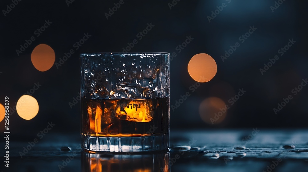Poster crystal clear glass of whiskey with ice reflecting soft bokeh lights in a dimly lit environment : ge