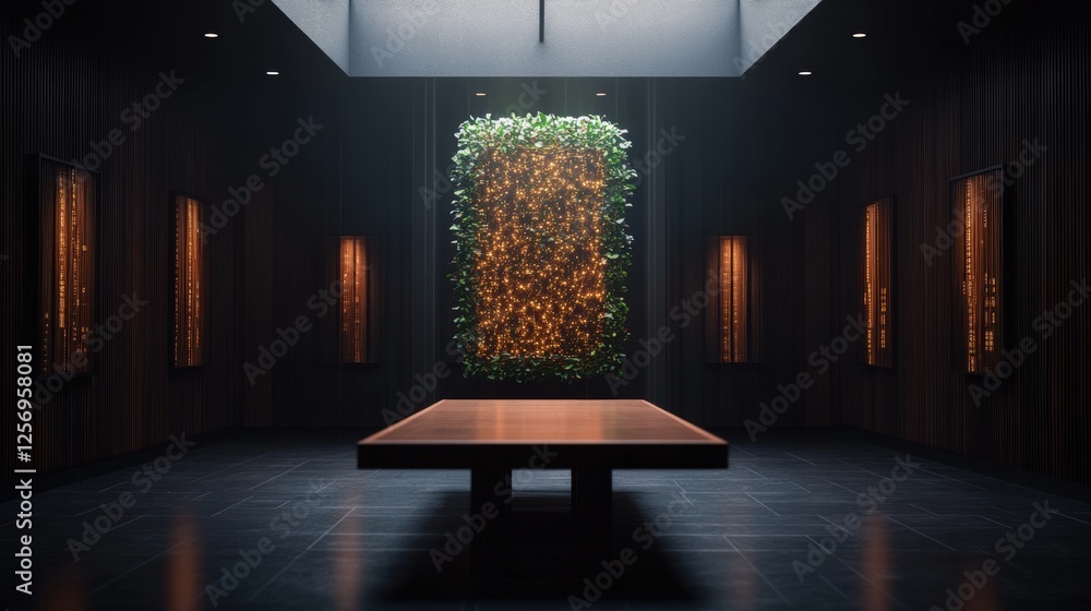 Poster long wooden table in a studio setting with generative ai details and high fidelity resolution