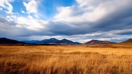 Breathtaking view of rolling hills and golden grasslands under dramatic skies dotted with luminous clouds : Generative AI