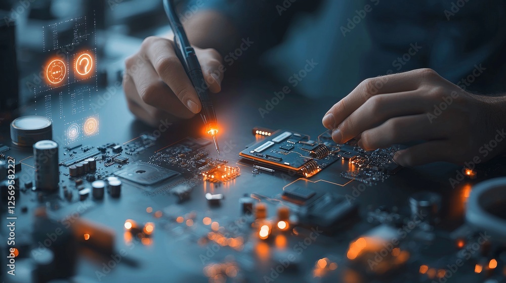 Poster innovative technology action circuit board assembly workshop setting close-up view technical mastery