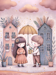 Whimsical illustration of a boy giving a gift to a girl under an umbrella in a dreamy village setting. Soft pastel colors, and romantic atmosphere. Valentine's Day and love concept
