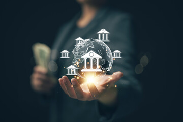 Online banking. The concept of interconnecting online banking systems. Borderless financial management on a large online data source. Finance. Banking...