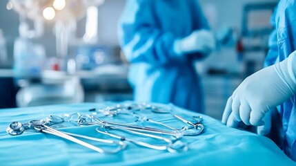 Naklejka premium Close up of medical instruments on a surgical table in a clinical environment with healthcare professionals in the background : Generative AI