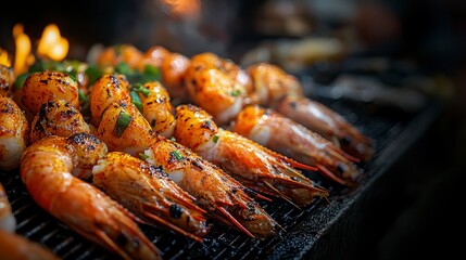 Grilled shrimp skewers, street food market, smoky background, delicious meal