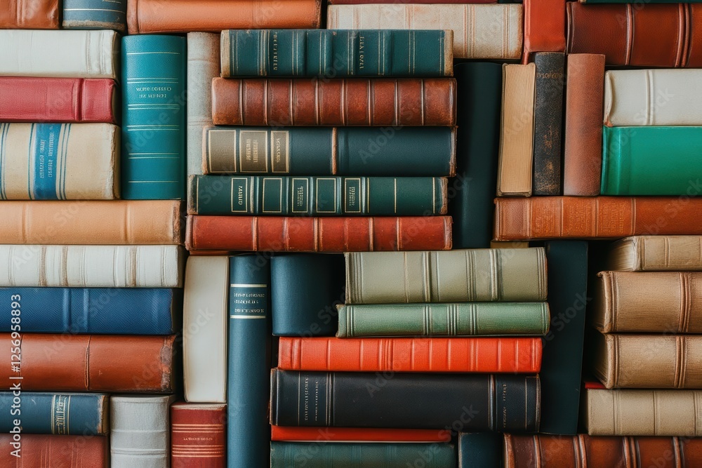 Aufkleber stack of colorful books arranged neatly on a wooden table in a well-lit room