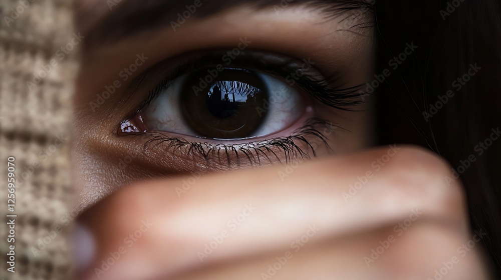 Poster Close Up of a Beautiful Eye Captured Behind a Fabric with Intriguing Reflection : Generative AI