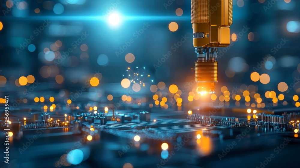 Poster innovative robotic arm assembling circuit boards in futuristic technology lab high-tech environment 