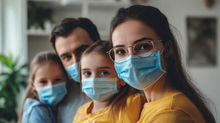 Family members observe social distancing while wearing masks in a minimalist living room