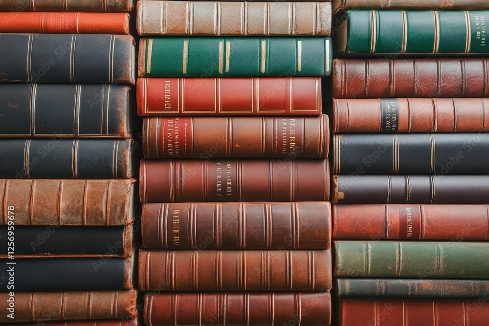 Poster stack of assorted books in various colors and sizes on a wooden surface in a cozy environment