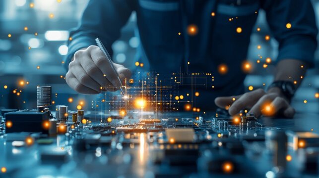 Innovative technology development engineering lab digital creation high-tech workspace close-up view futuristic science exploration - Powered by Adobe