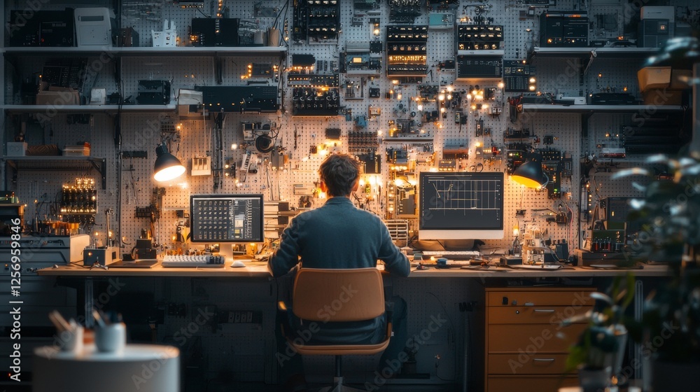Poster innovative technology development workshop home office digital creation tech environment back view c