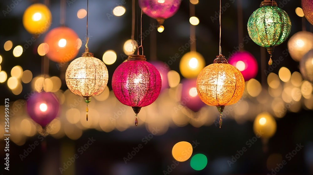 Poster Colorful hanging lanterns illuminated against a backdrop of soft bokeh lights at night : Generative AI