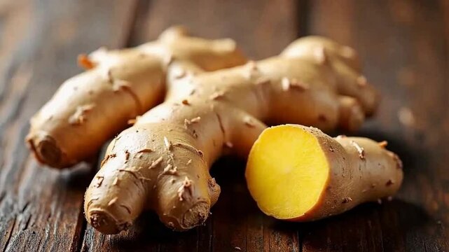 Textured ginger root on wood, partially sliced, showcasing vibrant yellow interior and warm lighting.