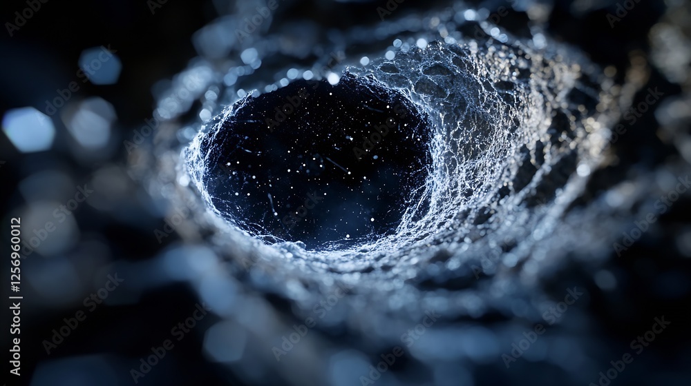 Poster intriguing closeup view of a dark spiral tunnel revealing stars and particles within : generative ai