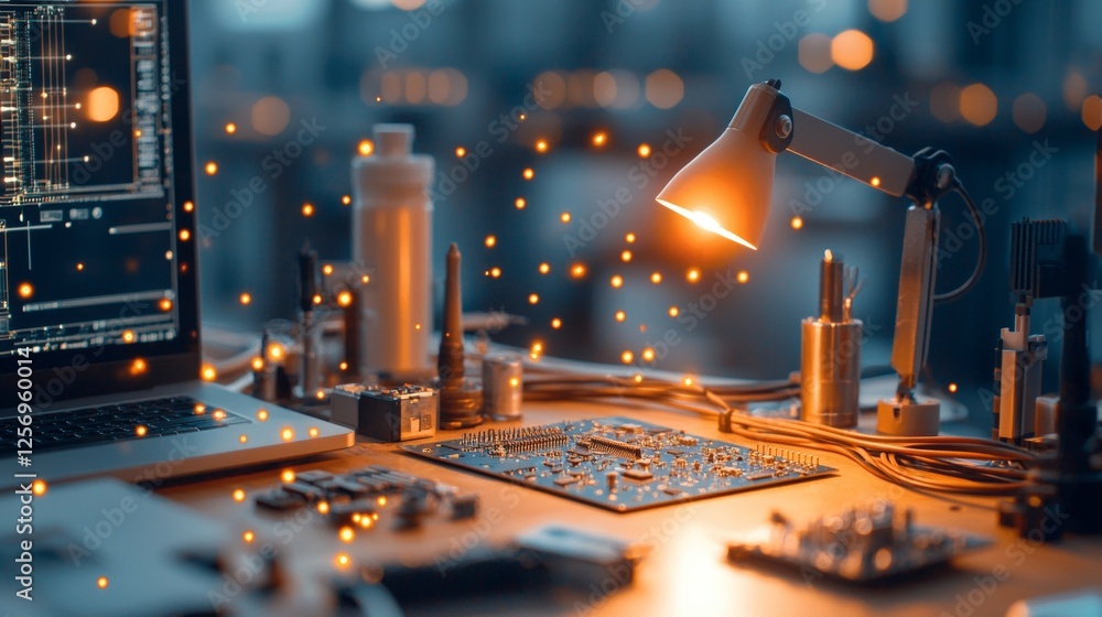 Poster innovative technology workshop circuit board design and programming modern workspace digital art cre