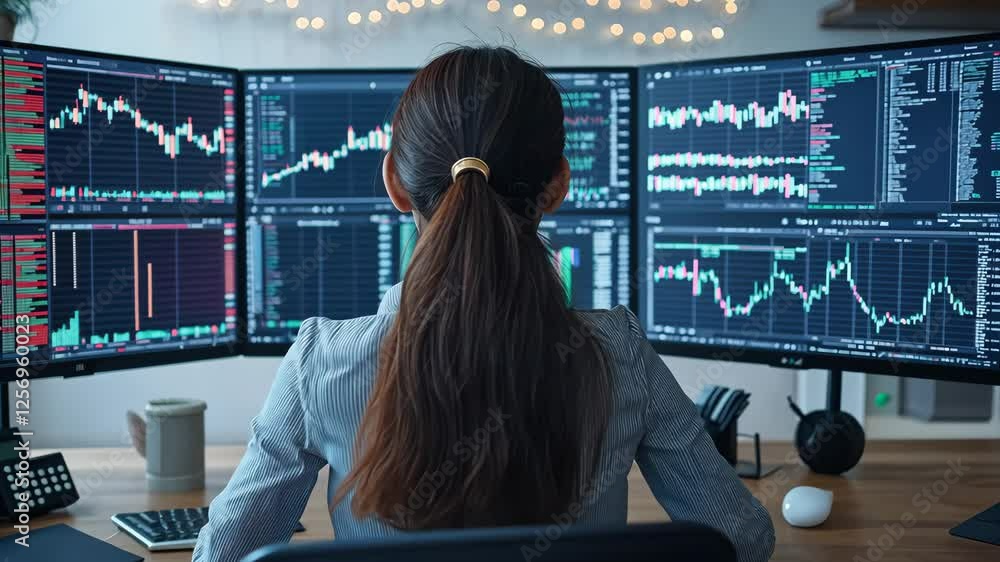 Poster stock market analysis session with multiple screens in a home office setting