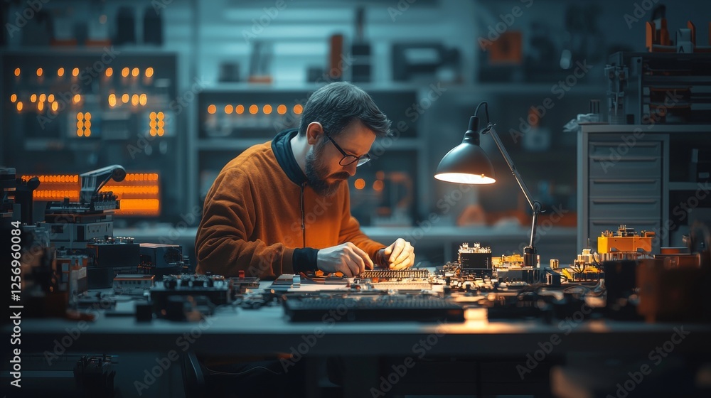 Poster expert technician assembles electronics in a modern workshop high-tech environment close-up view foc