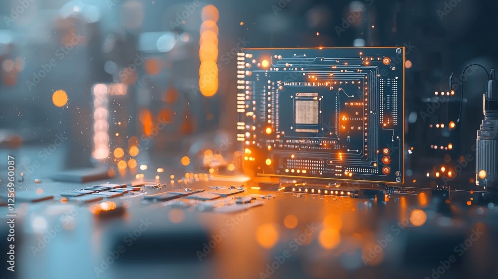 Poster innovative technology showcase advanced microchip development in a modern electronics lab high-tech 