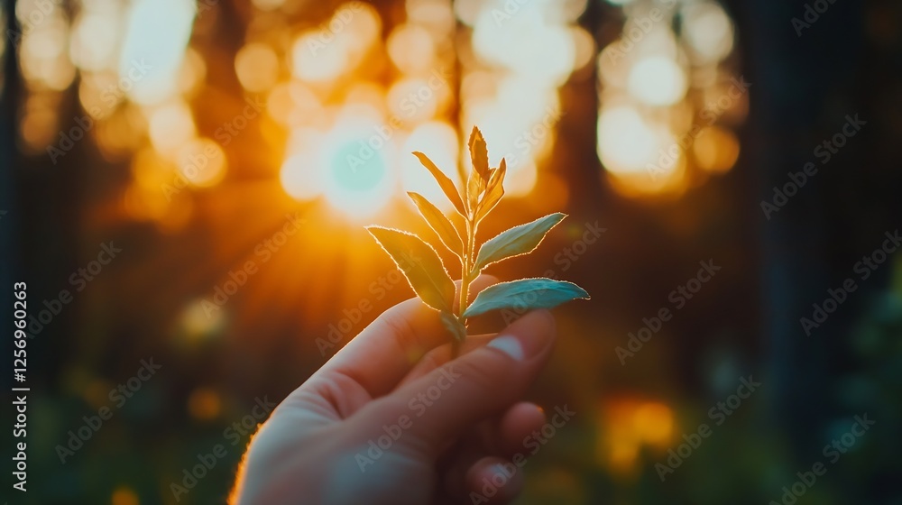 Poster closeup of a hand holding a fresh green leaf against a backdrop of sunlight shining through the tree