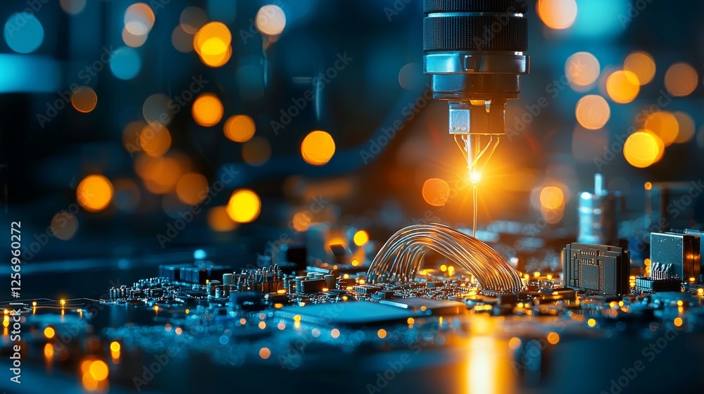 Poster cutting-edge laser technology engaging in precision circuitry assembly high-tech lab environment mac