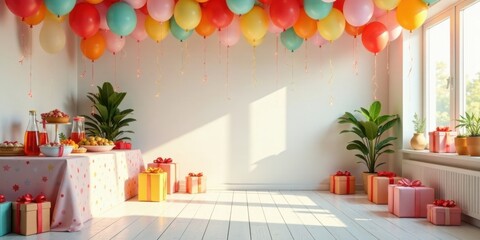 A cheerful room prepared for a festive celebration, adorned with colorful balloons and wrapped gifts, bathed in sunlight