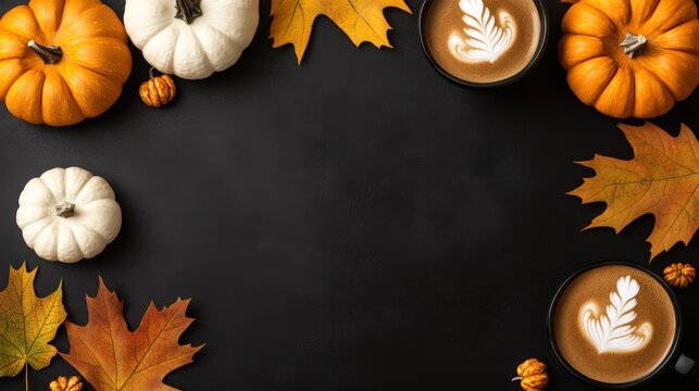 Autumn composition featuring pumpkins leaves and coffee on a black background with a pumpkin spice latte