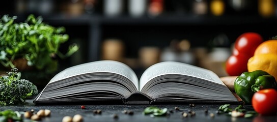 Cookbook open on kitchen counter, vegetables and spices nearby. Food preparation