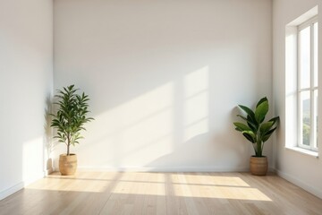 Fototapeta premium Sunlit Room Interior with Two Potted Plants in Woven Baskets and Light Hardwood Floor