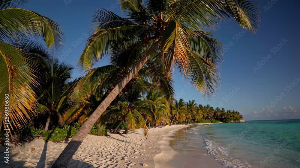 Poster video captures a serene tropical beach with swaying palm trees and gentle waves, evoking tranquility