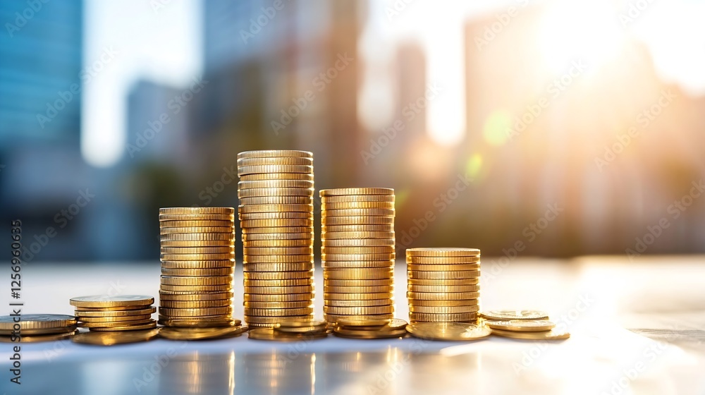 Aufkleber stacked coins representing financial growth in a bright urban environment : generative ai