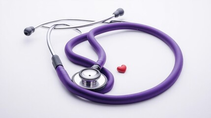 Purple stethoscope on white background with small red heart. Medical tool