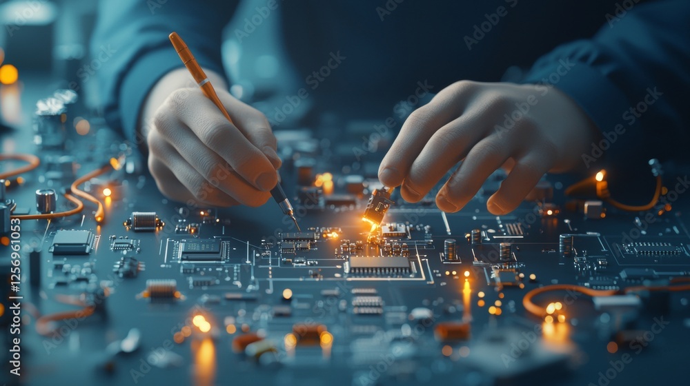 Poster innovative electronics assembly process high-tech lab technical photography controlled environment c