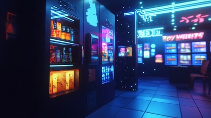 Neon-Lit Cyberpunk Vending Machines in a Futuristic Arcade