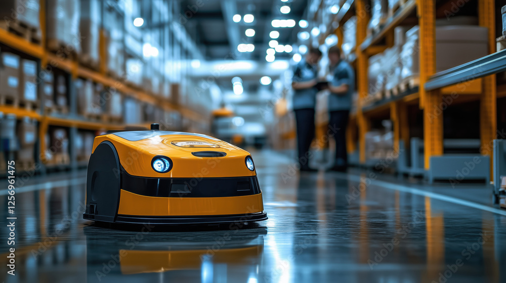 Poster automated delivery robot navigating warehouse aisle with workers in background during daytime operat