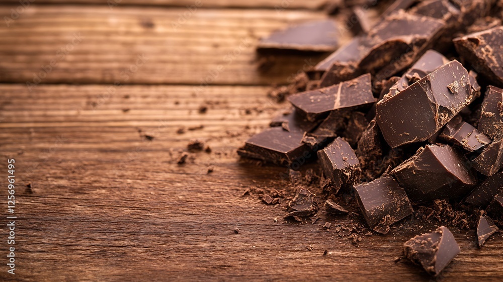 Poster Rich dark chocolate pieces scattered on a rustic wooden surface creating an appealing dessert background : Generative AI