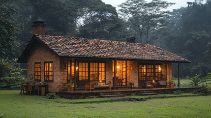 Obraz premium Cozy forest cabin, evening lights, tranquil scene, nature escape