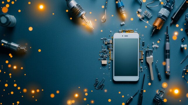 Innovative mobile phone repair techniques and tools technology workshop diy content urban environment close-up view gadget restoration concept