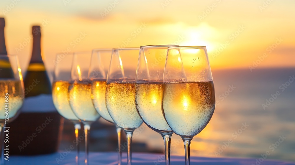 Poster elegant glasses of sparkling wine set against a beautiful sunset over the sea : generative ai