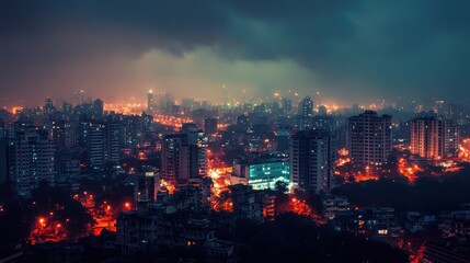 Obraz premium A vibrant cityscape at night, illuminated by city lights under a cloudy sky.